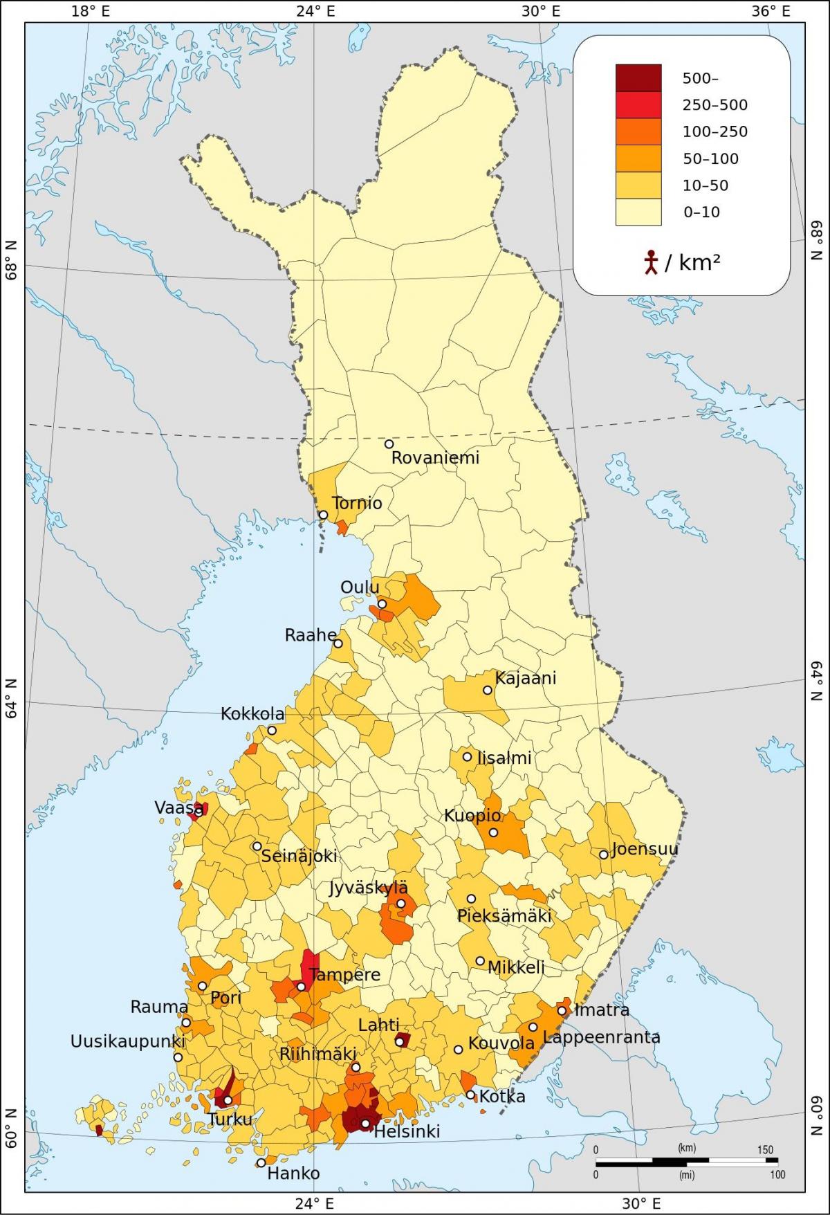 Finland befolkningstäthet karta