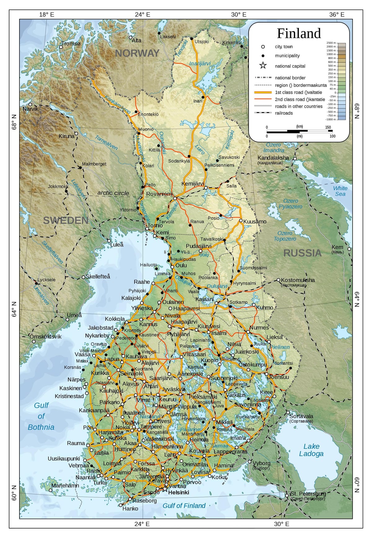 Karta över fysiska Finland